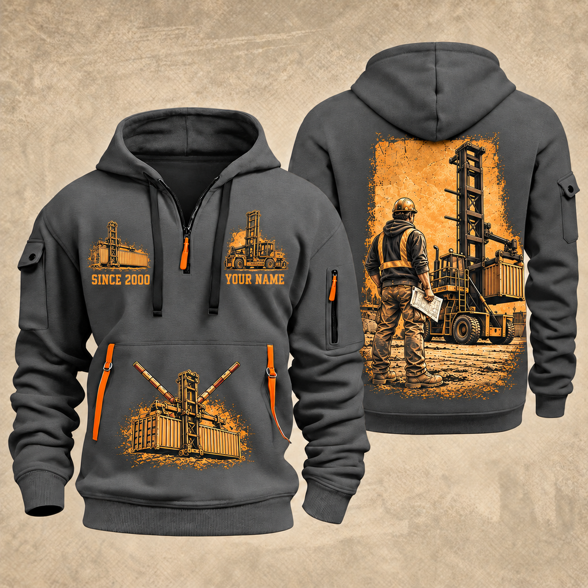 Taylor XEC-207/8 Empty Container Handler quarter zip hoodie in Gray, front and back views, sample YOUR NAME and SINCE 2000 artwork
