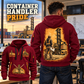Taylor XEC-207/8 Empty Container Handler quarter zip hoodie in Wine Red, adult lifestyle portrait showing front and back artwork