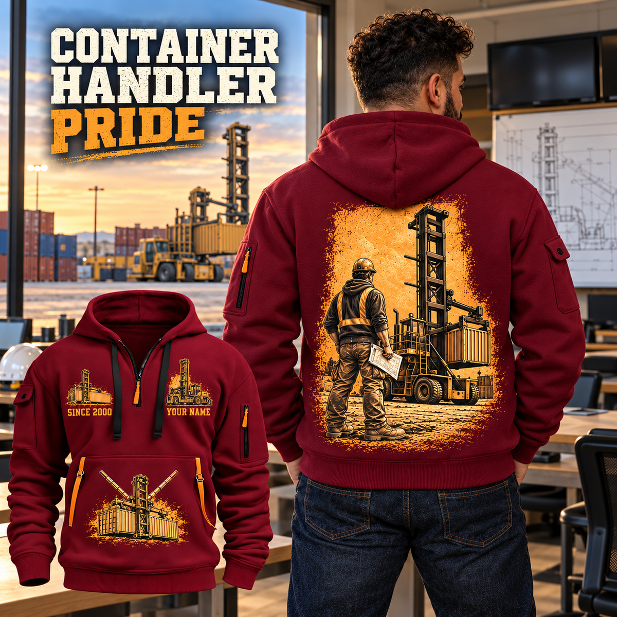 Taylor XEC-207/8 Empty Container Handler quarter zip hoodie in Wine Red, adult lifestyle portrait showing front and back artwork