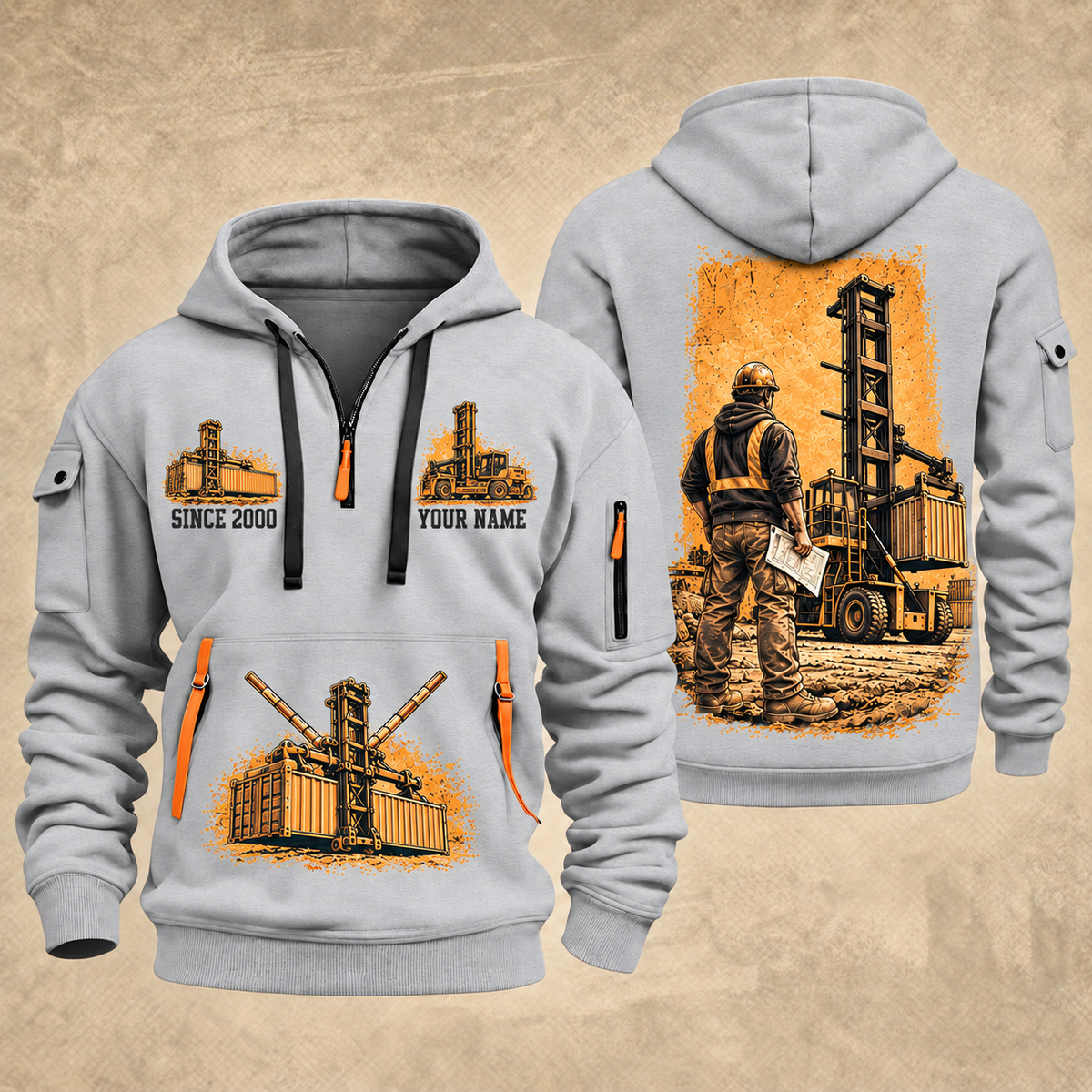 Taylor XEC-207/8 Empty Container Handler quarter zip hoodie in Light Grey, front and back views, sample YOUR NAME and SINCE 2000 artwork