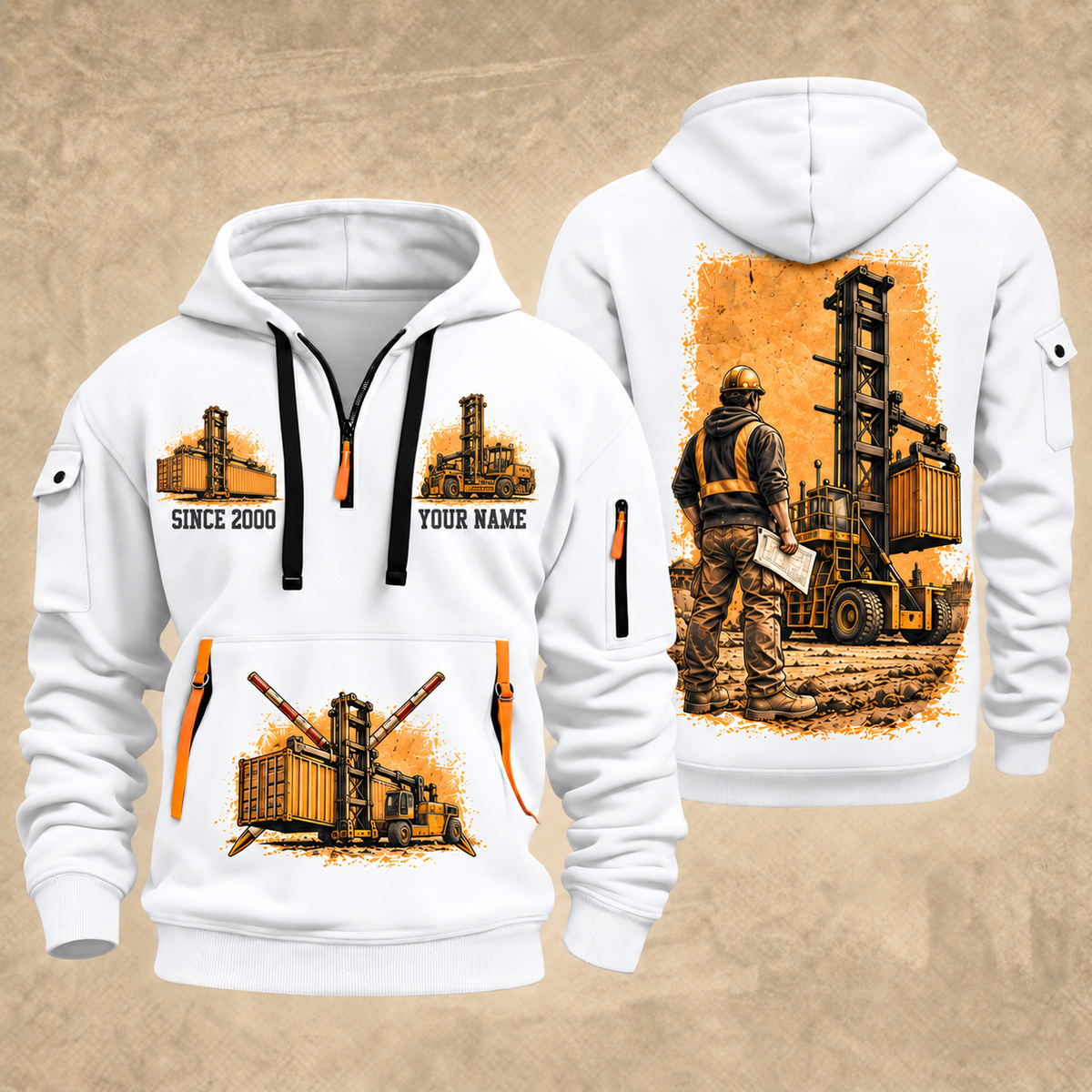 Taylor XEC-207/8 Empty Container Handler quarter zip hoodie in White, front and back views, sample YOUR NAME and SINCE 2000 artwork