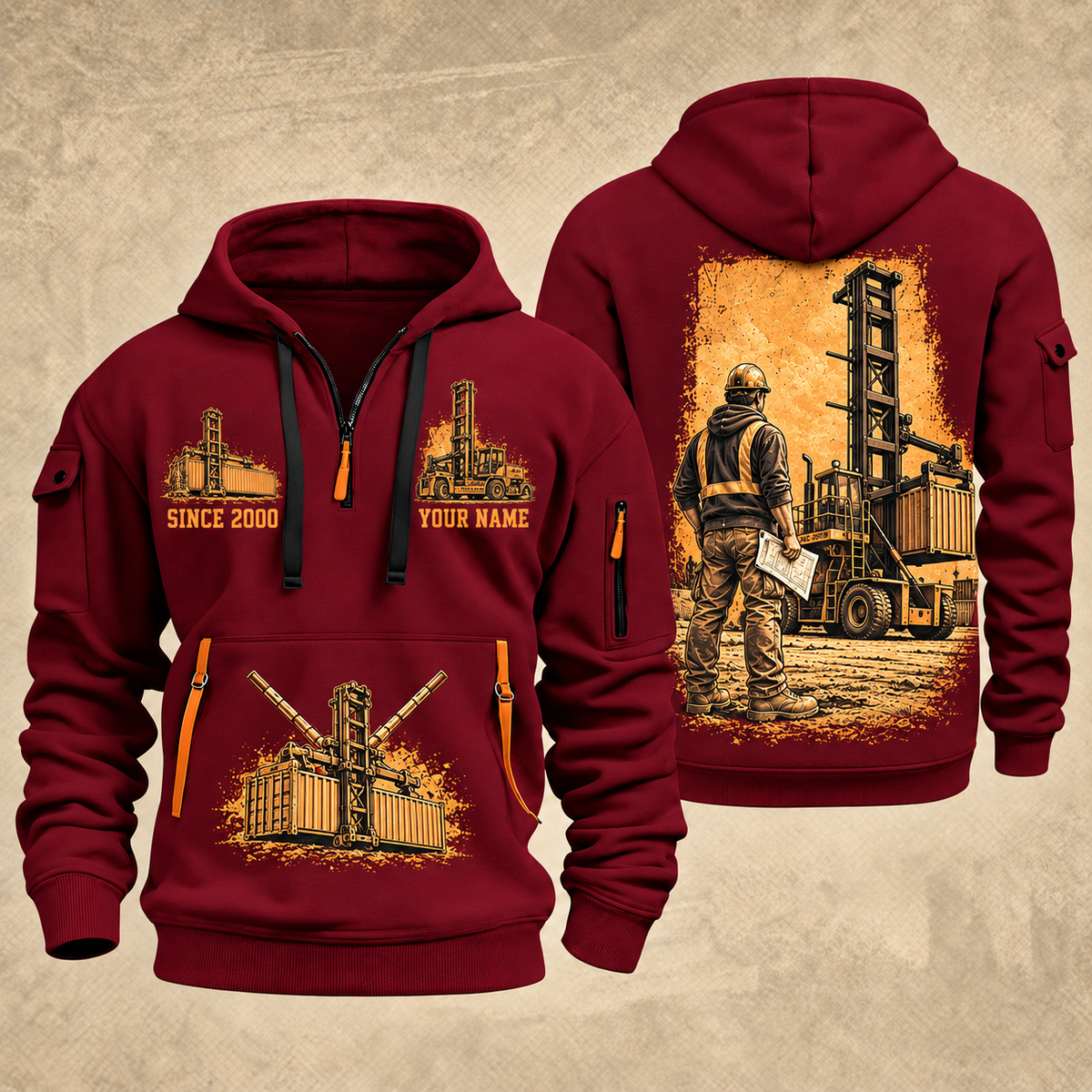 Taylor XEC-207/8 Empty Container Handler quarter zip hoodie in Wine Red, front and back views, sample YOUR NAME and SINCE 2000 artwork