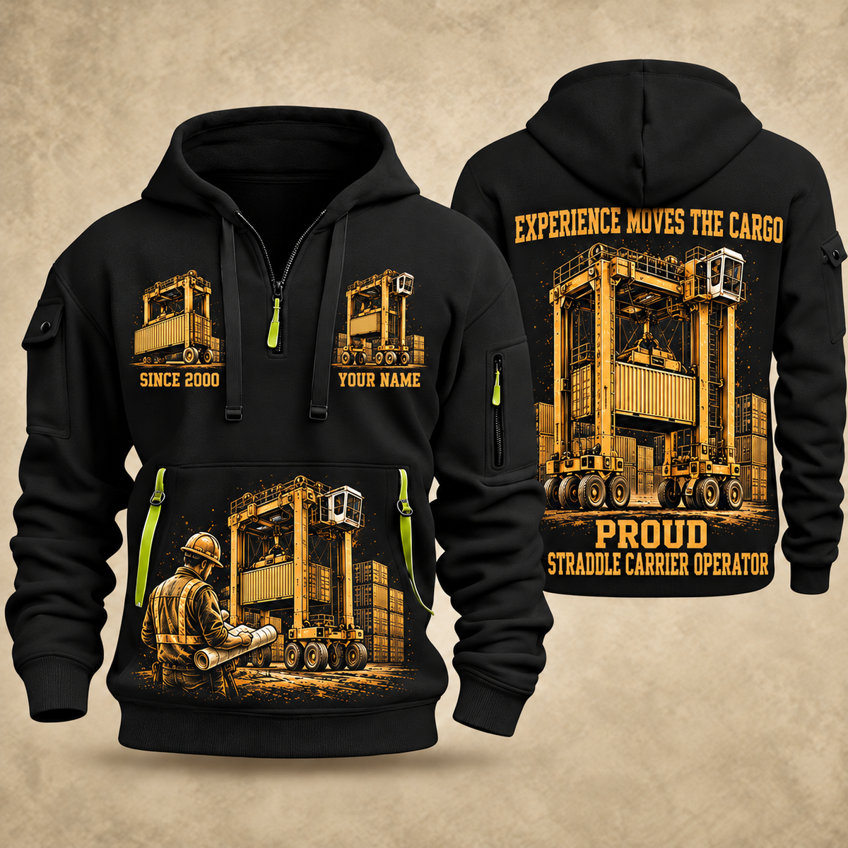 Kalmar Hybrid Straddle Carrier - Maher Configuration quarter zip hoodie in Black, front and back views, sample YOUR NAME and SINCE 2000 artwork