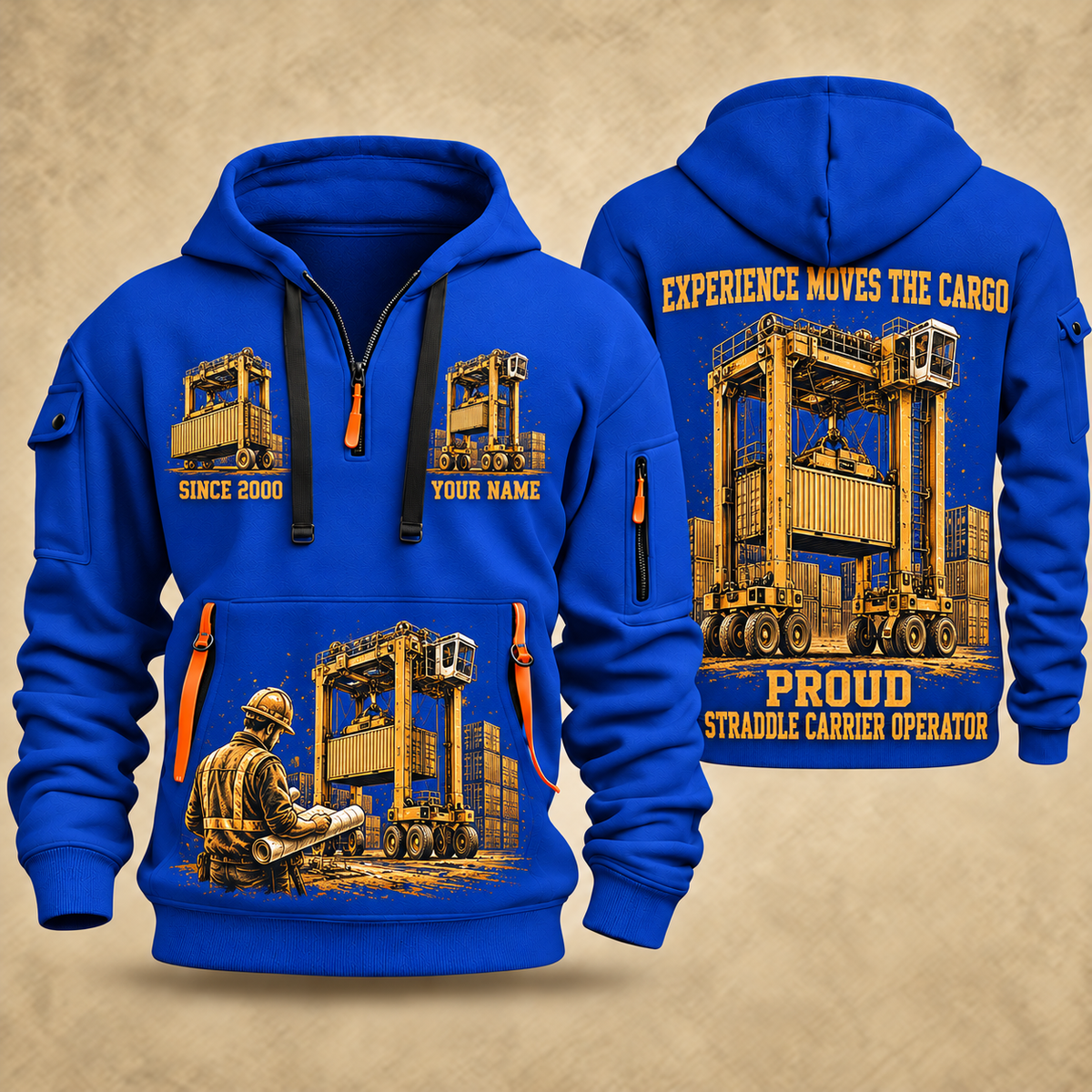 Kalmar Hybrid Straddle Carrier - Maher Configuration quarter zip hoodie in Blue, front and back views, sample YOUR NAME and SINCE 2000 artwork