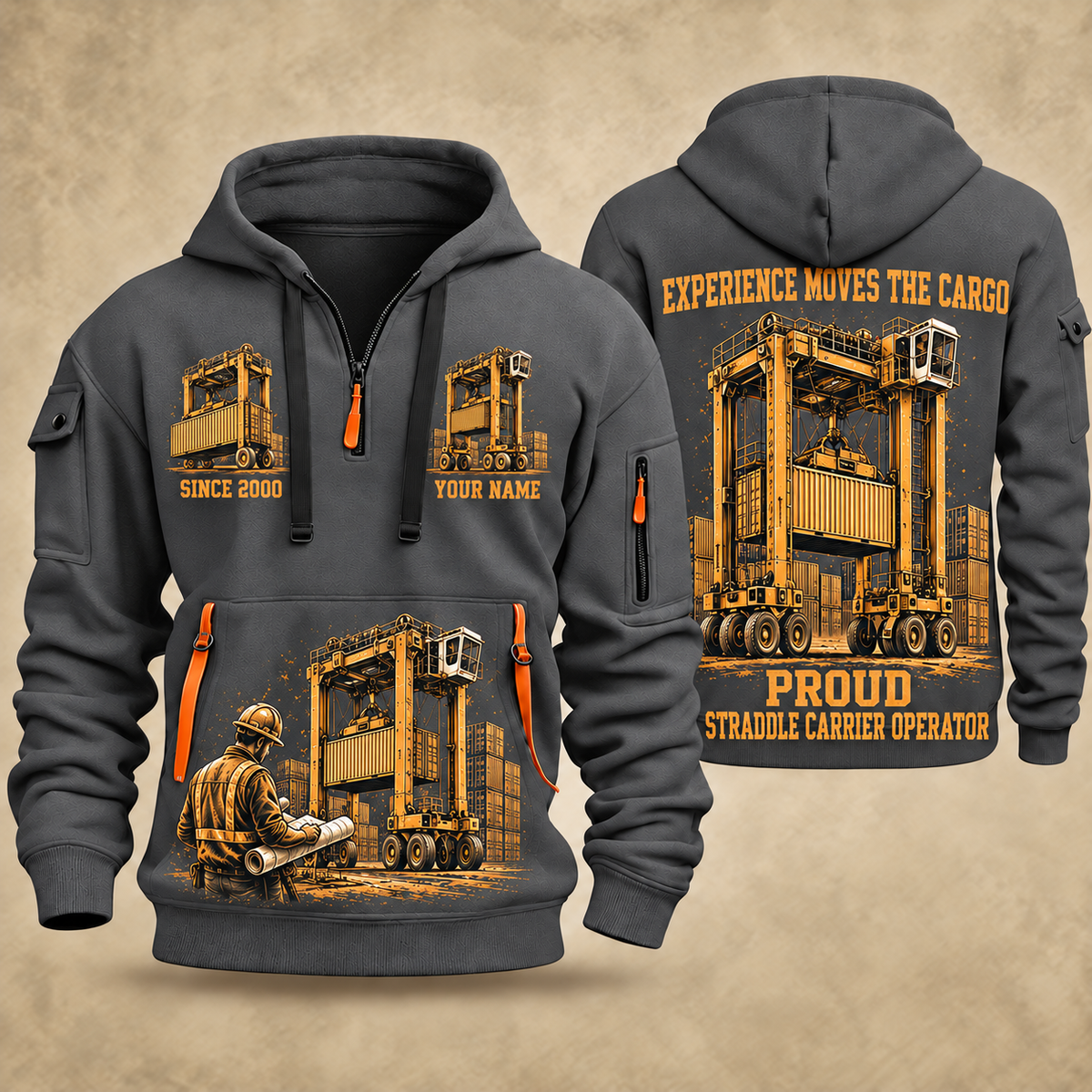 Kalmar Hybrid Straddle Carrier - Maher Configuration quarter zip hoodie in Gray, front and back views, sample YOUR NAME and SINCE 2000 artwork