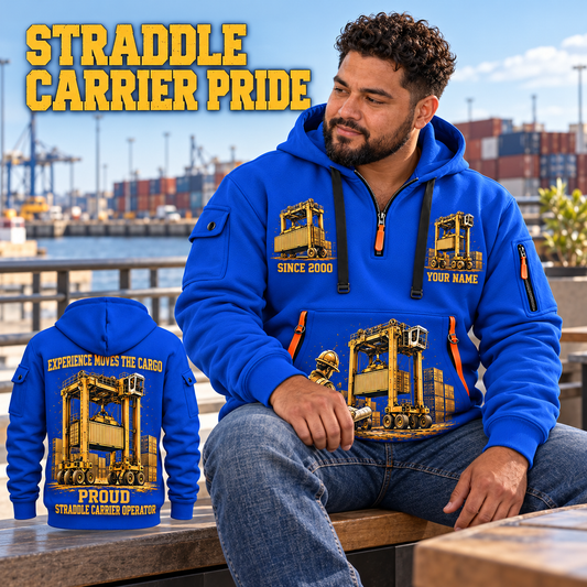 Kalmar Hybrid Straddle Carrier - Maher Configuration quarter zip hoodie in Blue, adult lifestyle portrait showing front and back artwork