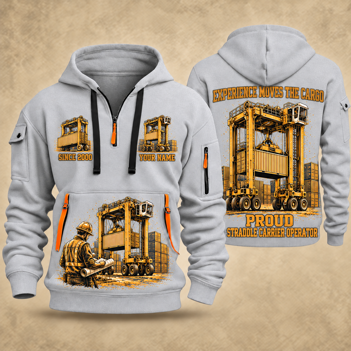 Kalmar Hybrid Straddle Carrier - Maher Configuration quarter zip hoodie in Light Grey, front and back views, sample YOUR NAME and SINCE 2000 artwork