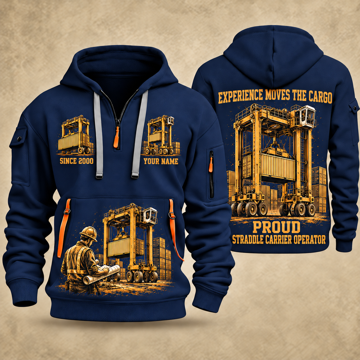 Kalmar Hybrid Straddle Carrier - Maher Configuration quarter zip hoodie in Navy, front and back views, sample YOUR NAME and SINCE 2000 artwork