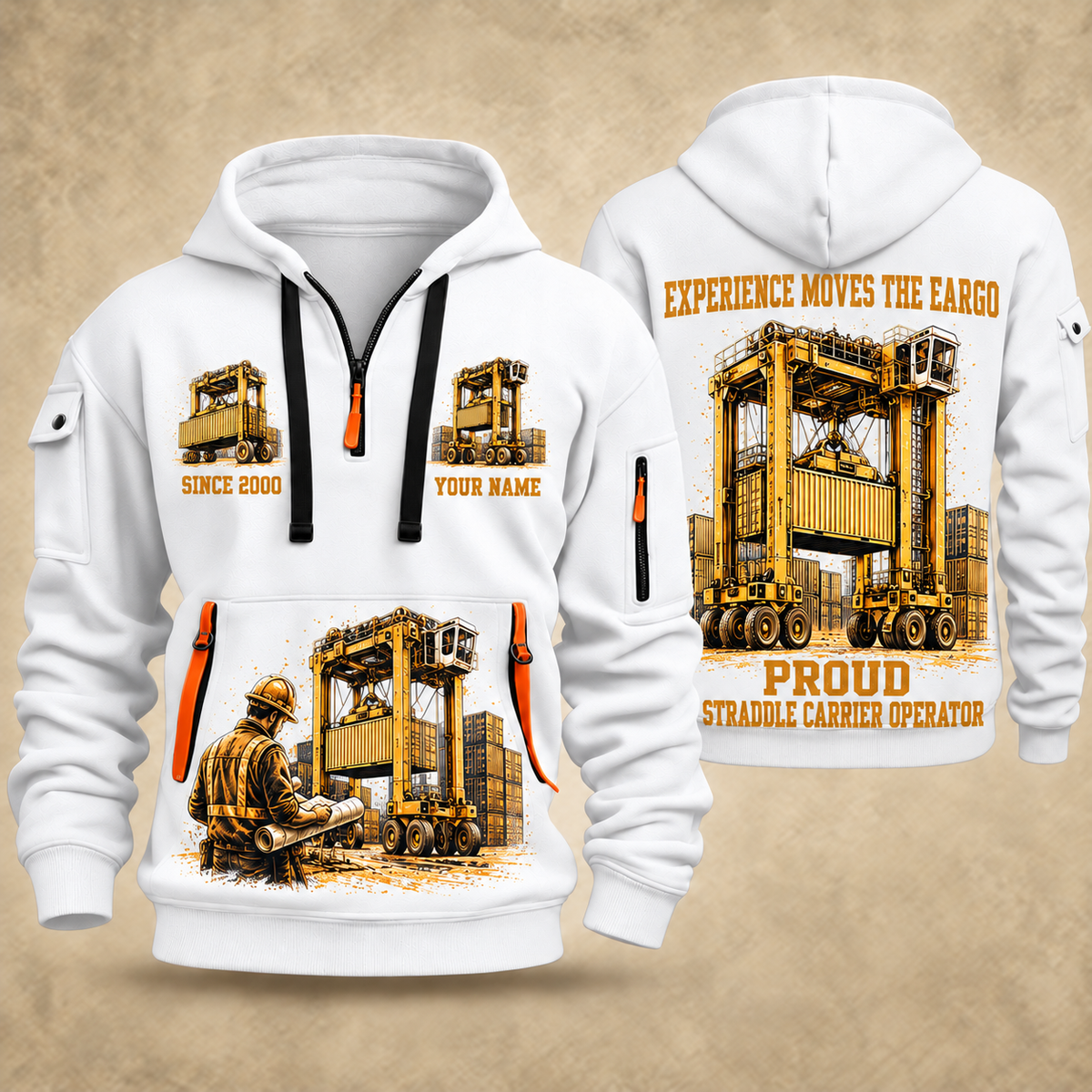 Kalmar Hybrid Straddle Carrier - Maher Configuration quarter zip hoodie in White, front and back views, sample YOUR NAME and SINCE 2000 artwork
