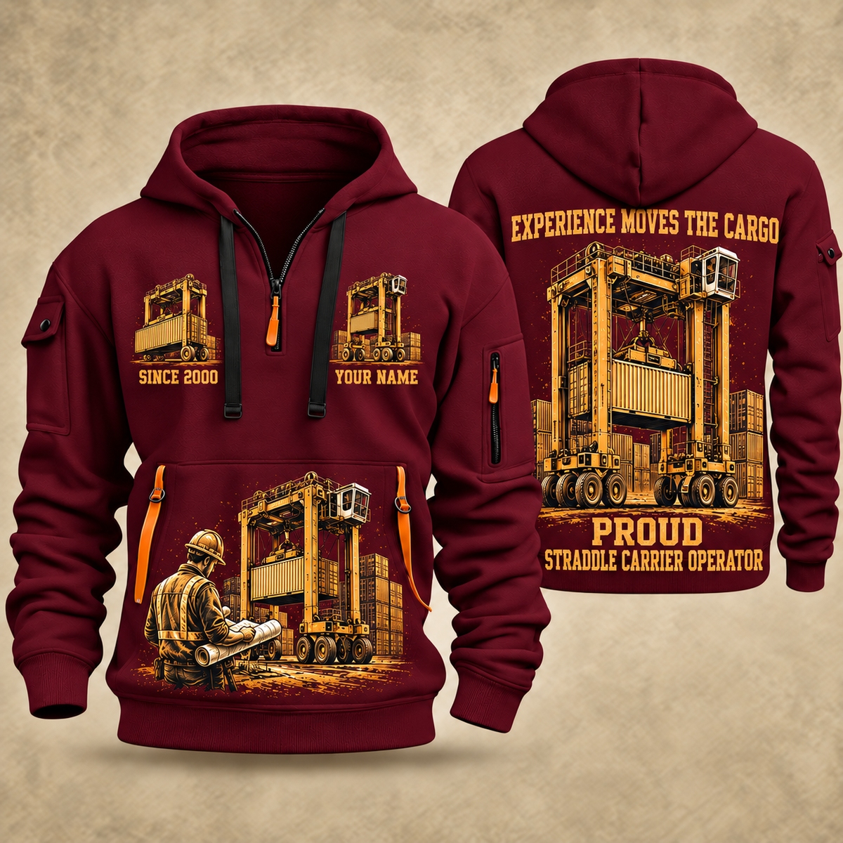 Kalmar Hybrid Straddle Carrier - Maher Configuration quarter zip hoodie in Wine Red, front and back views, sample YOUR NAME and SINCE 2000 artwork