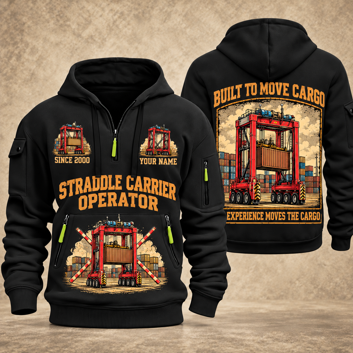 Kalmar AutoStrad Hybrid Straddle Carrier - TraPac Configuration quarter zip hoodie in Black, front and back views, sample YOUR NAME and SINCE 2000 artwork