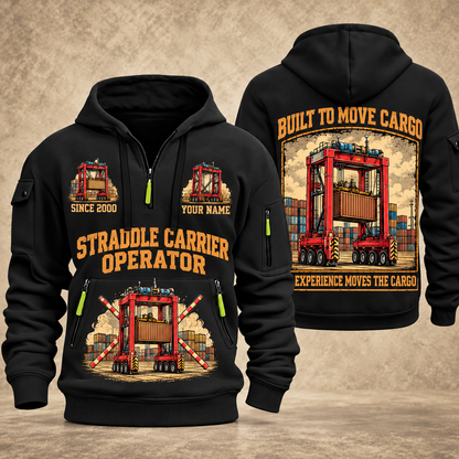 Kalmar AutoStrad Hybrid Straddle Carrier - TraPac Configuration quarter zip hoodie in Black, front and back views, sample YOUR NAME and SINCE 2000 artwork
