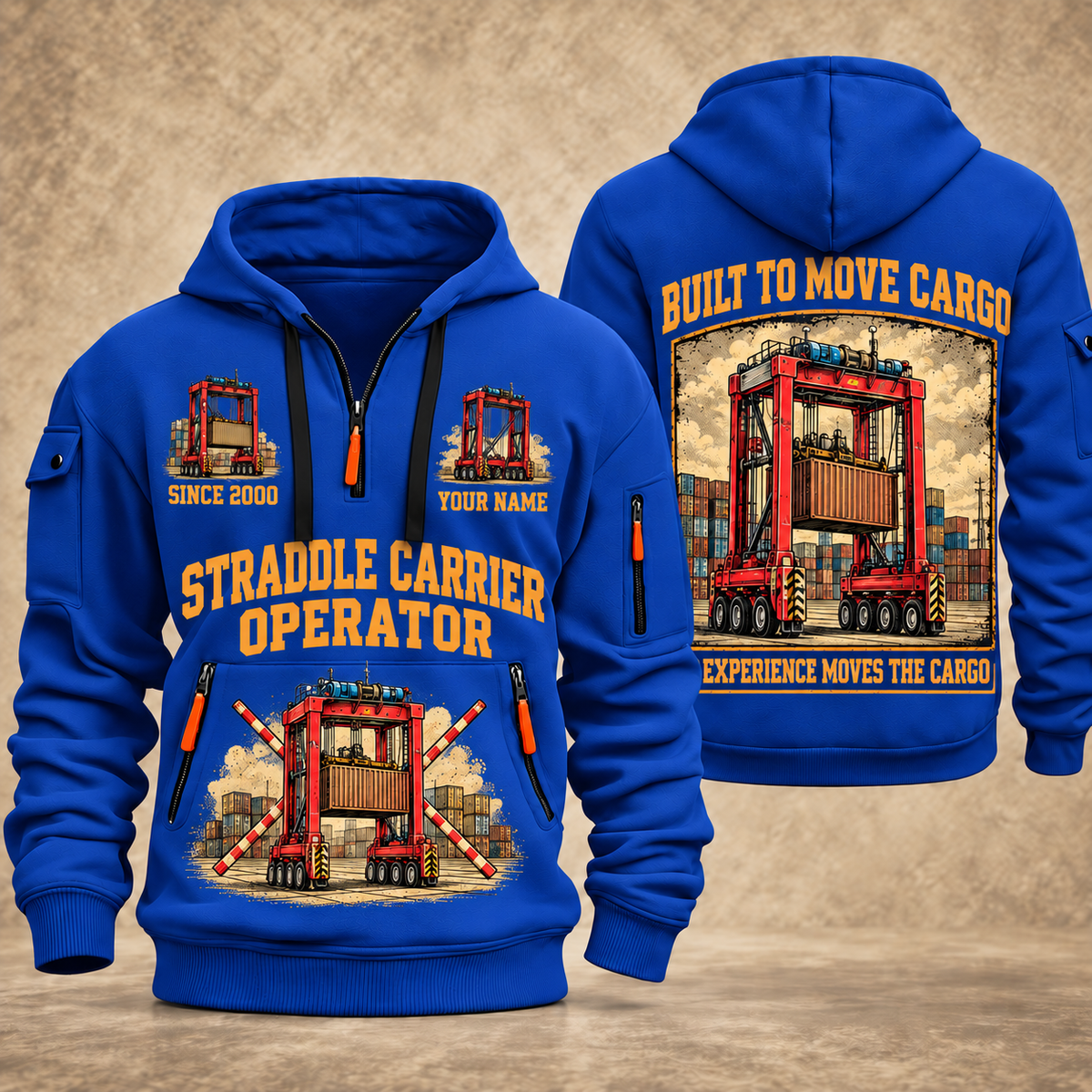 Kalmar AutoStrad Hybrid Straddle Carrier - TraPac Configuration quarter zip hoodie in Blue, front and back views, sample YOUR NAME and SINCE 2000 artwork