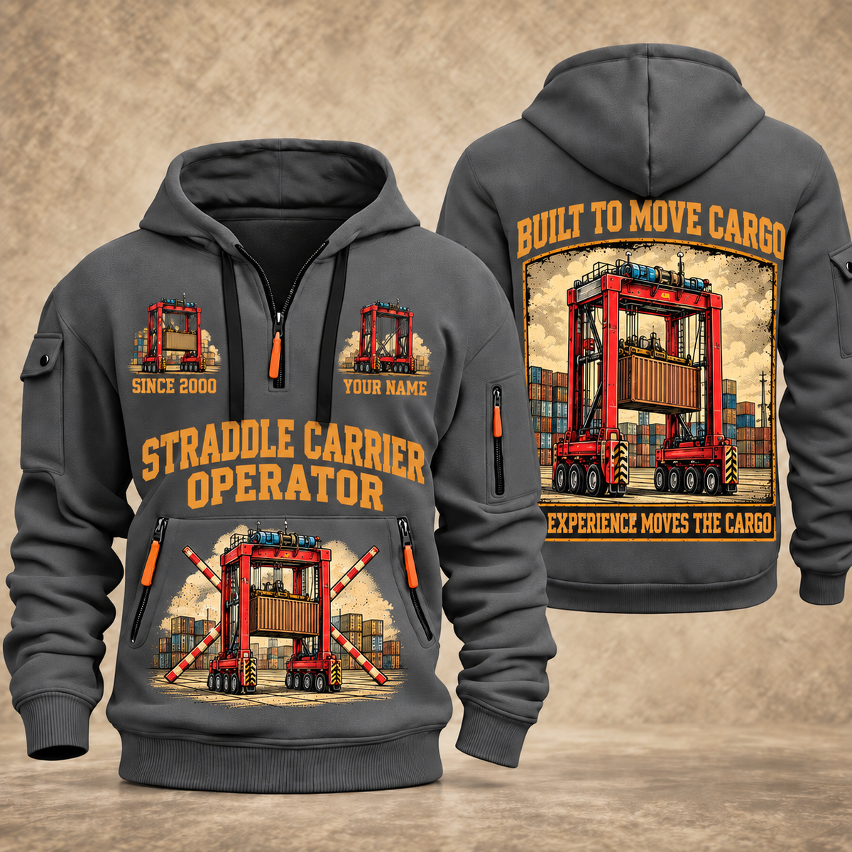 Kalmar AutoStrad Hybrid Straddle Carrier - TraPac Configuration quarter zip hoodie in Gray, front and back views, sample YOUR NAME and SINCE 2000 artwork