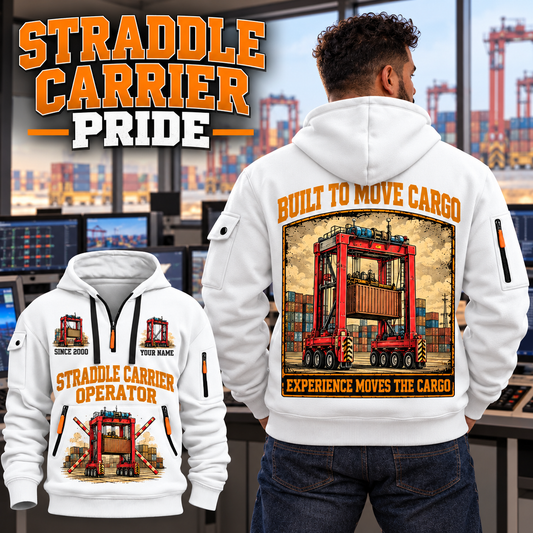 Kalmar AutoStrad Hybrid Straddle Carrier - TraPac Configuration quarter zip hoodie in White, adult lifestyle portrait showing front and back artwork