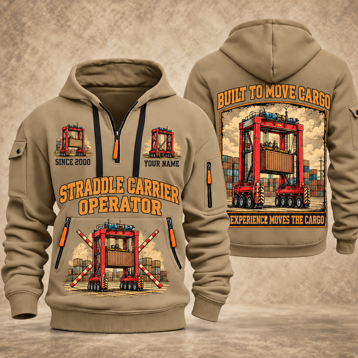 Kalmar AutoStrad Hybrid Straddle Carrier - TraPac Configuration quarter zip hoodie in Khaki, front and back views, sample YOUR NAME and SINCE 2000 artwork