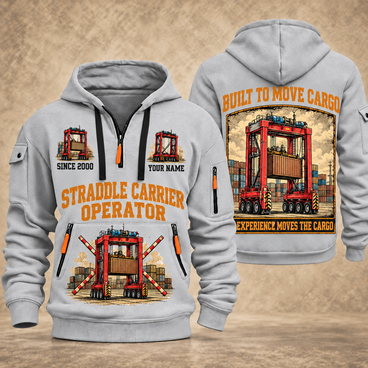 Kalmar AutoStrad Hybrid Straddle Carrier - TraPac Configuration quarter zip hoodie in Light Grey, front and back views, sample YOUR NAME and SINCE 2000 artwork