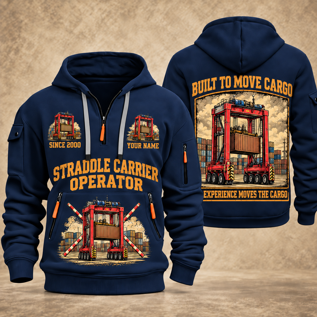 Kalmar AutoStrad Hybrid Straddle Carrier - TraPac Configuration quarter zip hoodie in Navy, front and back views, sample YOUR NAME and SINCE 2000 artwork