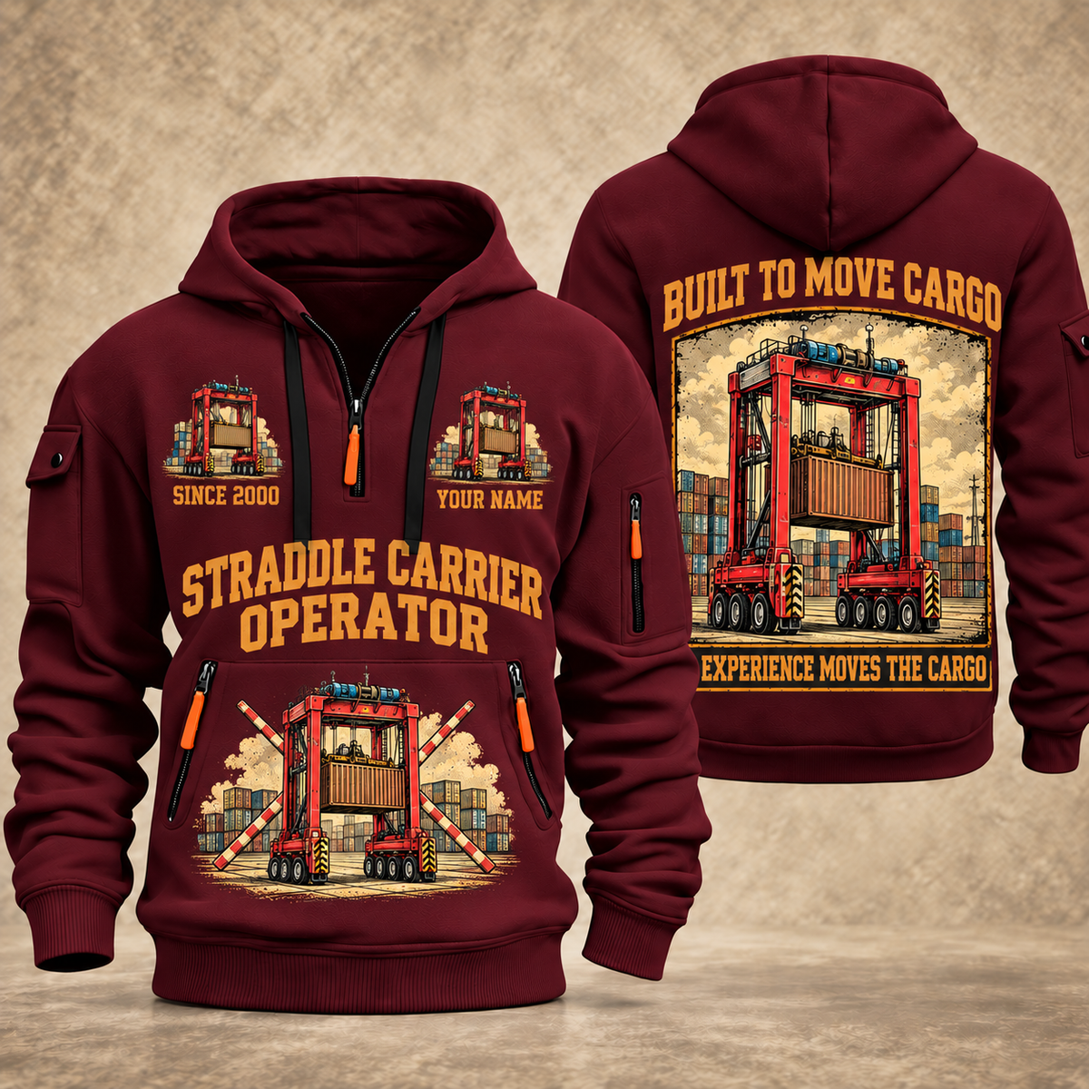 Kalmar AutoStrad Hybrid Straddle Carrier - TraPac Configuration quarter zip hoodie in Wine Red, front and back views, sample YOUR NAME and SINCE 2000 artwork