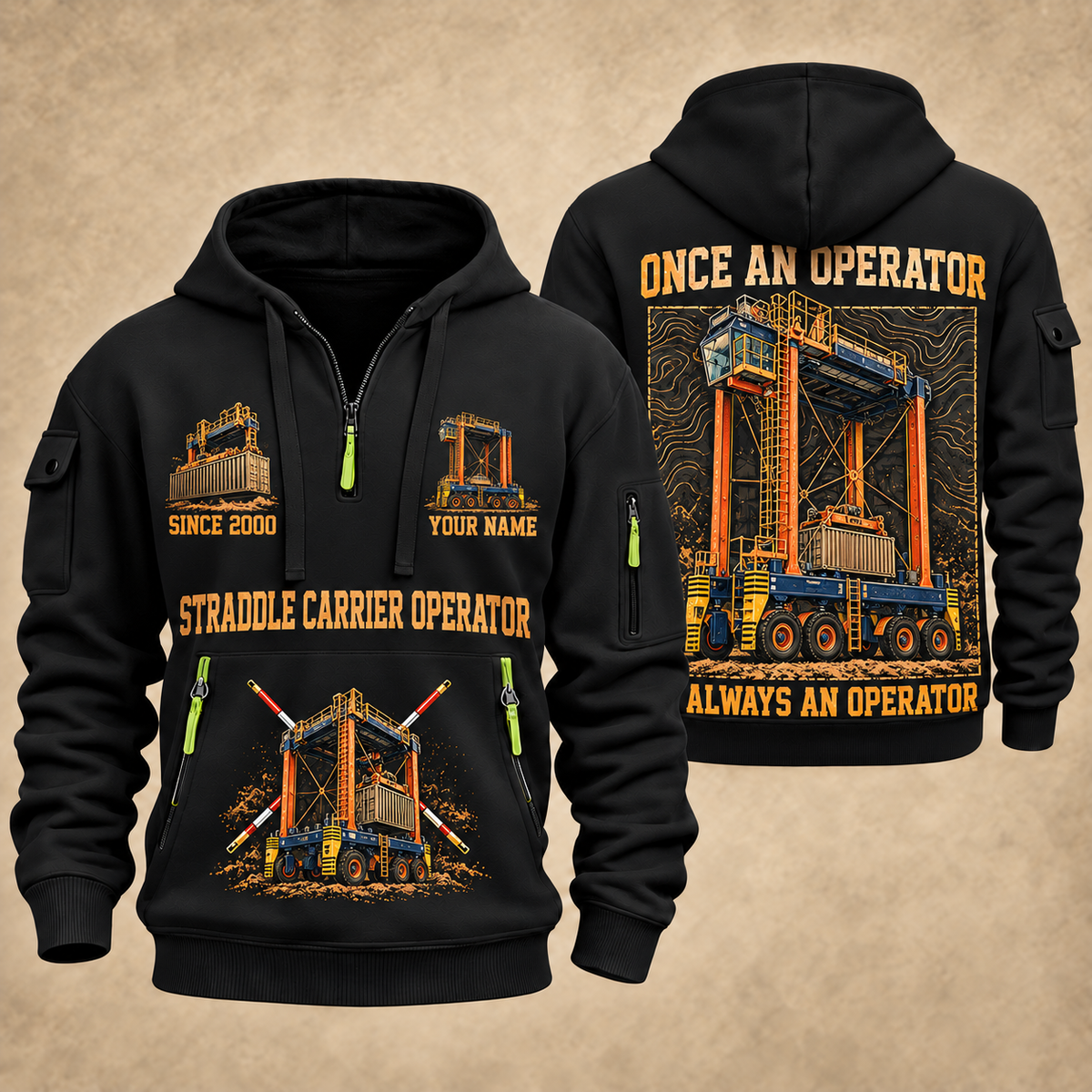 Konecranes Noell Hybrid Straddle Carrier - PNCT Configuration quarter zip hoodie in Black, front and back views, sample YOUR NAME and SINCE 2000 artwork