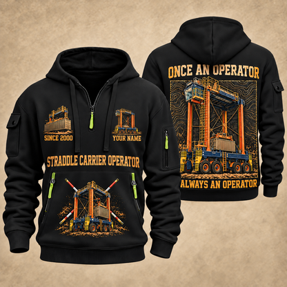 Konecranes Noell Hybrid Straddle Carrier - PNCT Configuration quarter zip hoodie in Black, front and back views, sample YOUR NAME and SINCE 2000 artwork