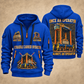 Konecranes Noell Hybrid Straddle Carrier - PNCT Configuration quarter zip hoodie in Blue, front and back views, sample YOUR NAME and SINCE 2000 artwork