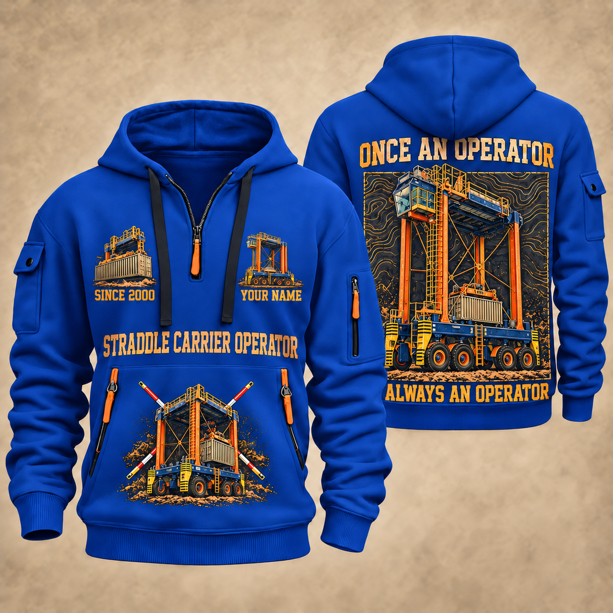 Konecranes Noell Hybrid Straddle Carrier - PNCT Configuration quarter zip hoodie in Blue, front and back views, sample YOUR NAME and SINCE 2000 artwork