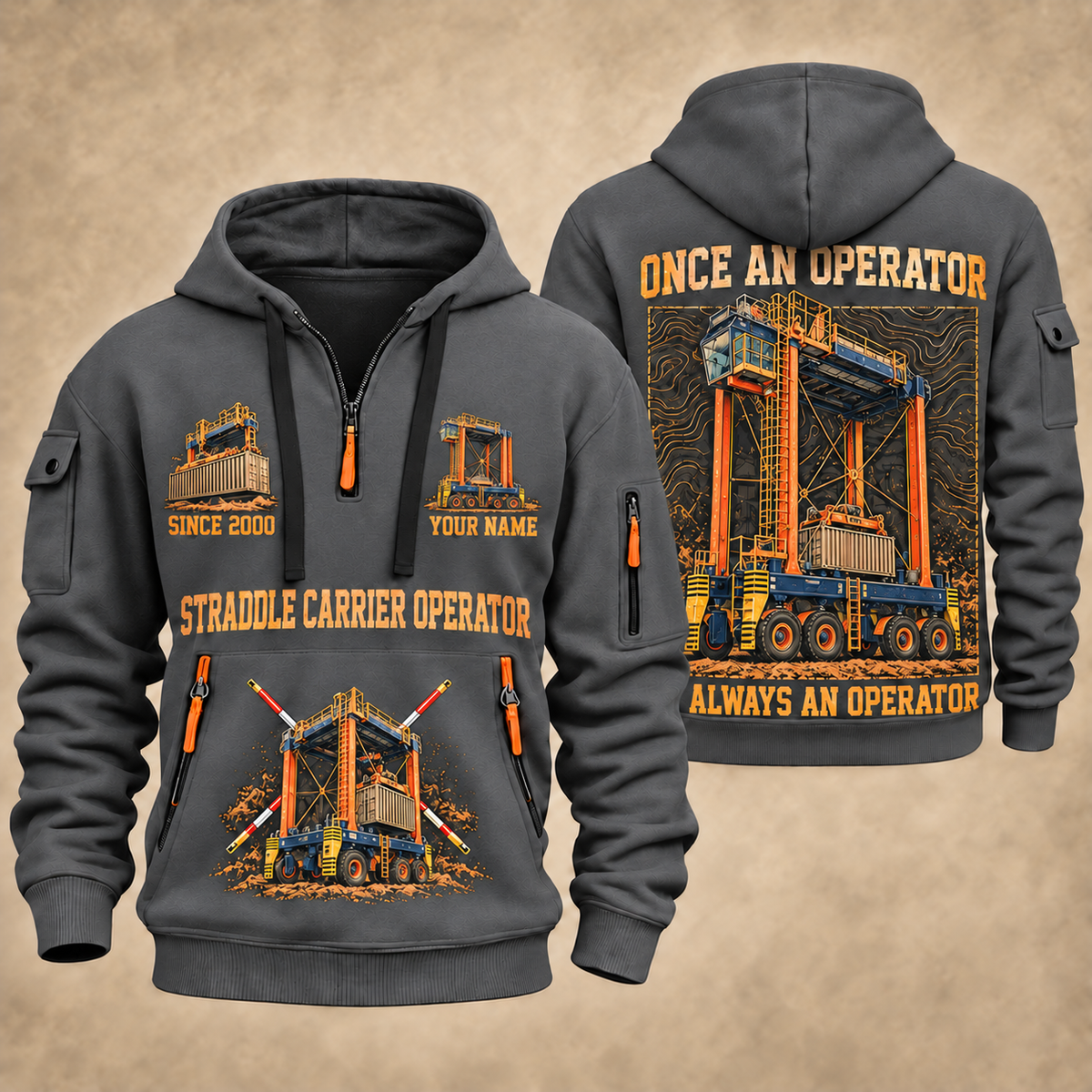 Konecranes Noell Hybrid Straddle Carrier - PNCT Configuration quarter zip hoodie in Gray, front and back views, sample YOUR NAME and SINCE 2000 artwork