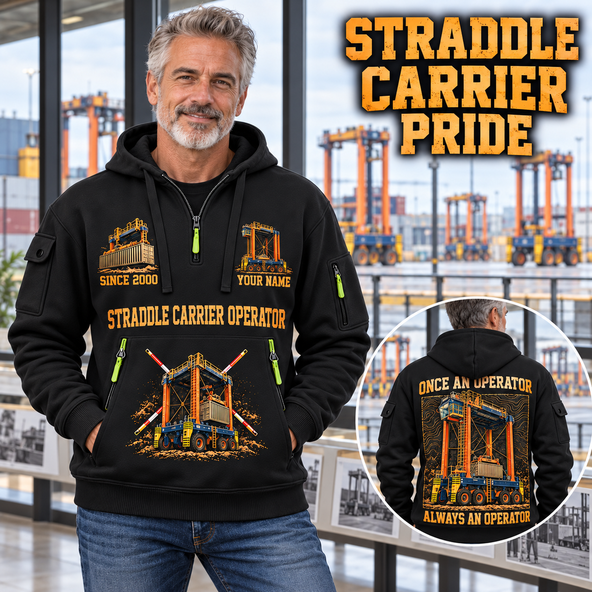 Konecranes Noell Hybrid Straddle Carrier - PNCT Configuration quarter zip hoodie in Black, adult lifestyle portrait showing front and back artwork