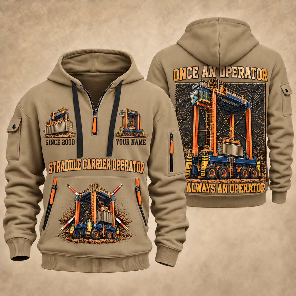 Konecranes Noell Hybrid Straddle Carrier - PNCT Configuration quarter zip hoodie in Khaki, front and back views, sample YOUR NAME and SINCE 2000 artwork