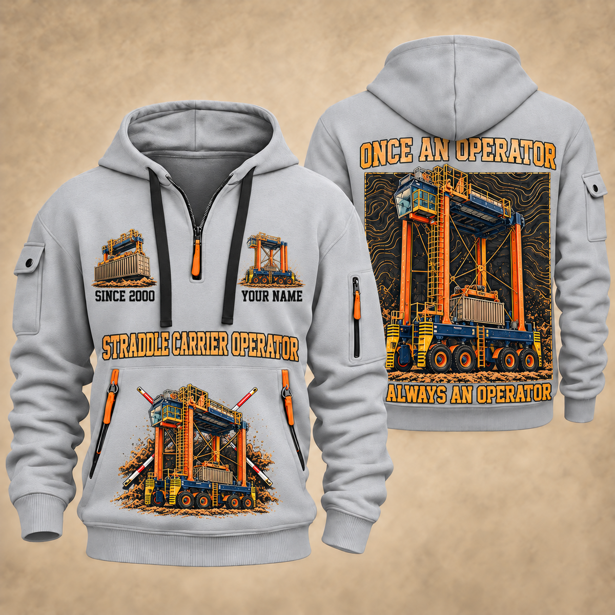 Konecranes Noell Hybrid Straddle Carrier - PNCT Configuration quarter zip hoodie in Light Grey, front and back views, sample YOUR NAME and SINCE 2000 artwork