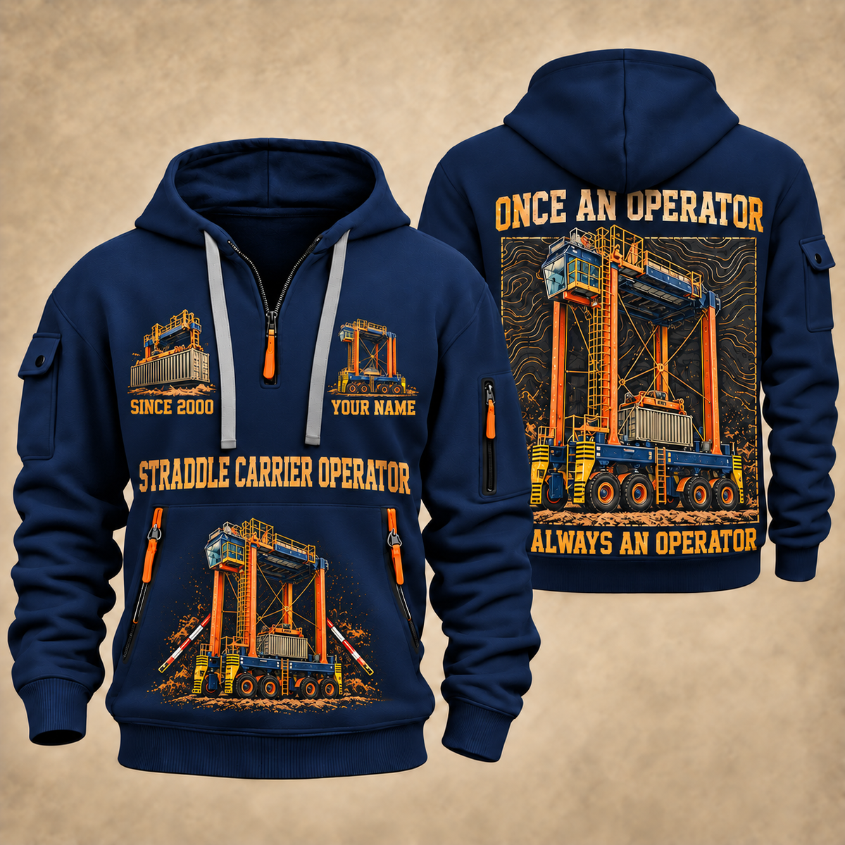 Konecranes Noell Hybrid Straddle Carrier - PNCT Configuration quarter zip hoodie in Navy, front and back views, sample YOUR NAME and SINCE 2000 artwork