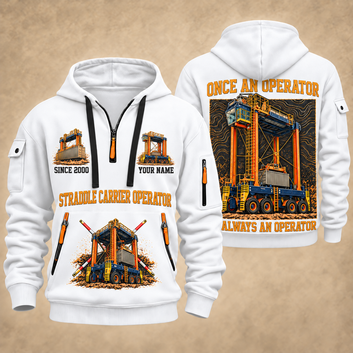 Konecranes Noell Hybrid Straddle Carrier - PNCT Configuration quarter zip hoodie in White, front and back views, sample YOUR NAME and SINCE 2000 artwork