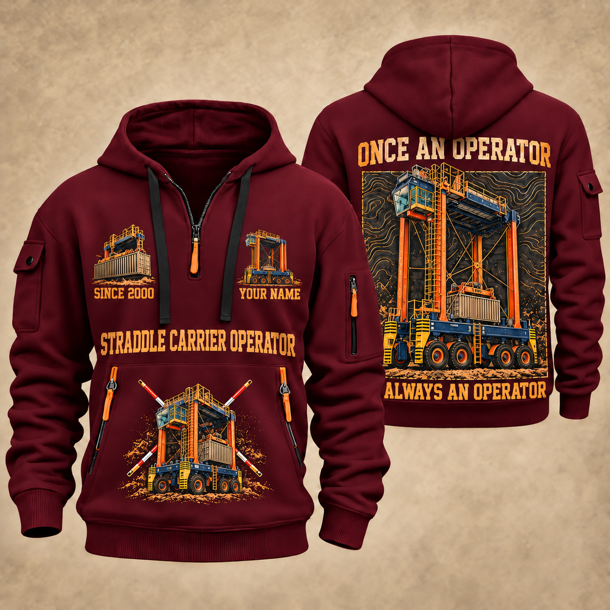 Konecranes Noell Hybrid Straddle Carrier - PNCT Configuration quarter zip hoodie in Wine Red, front and back views, sample YOUR NAME and SINCE 2000 artwork