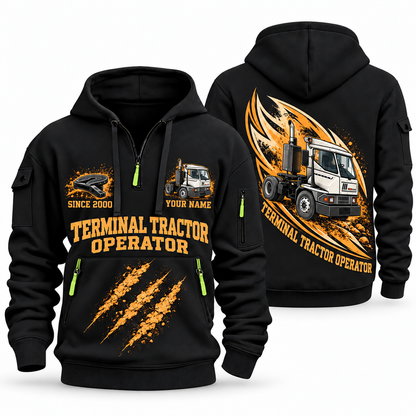 Kalmar Ottawa T2 4x2 Terminal Tractor quarter zip hoodie in Black, front and back views, sample YOUR NAME and SINCE 2000 artwork