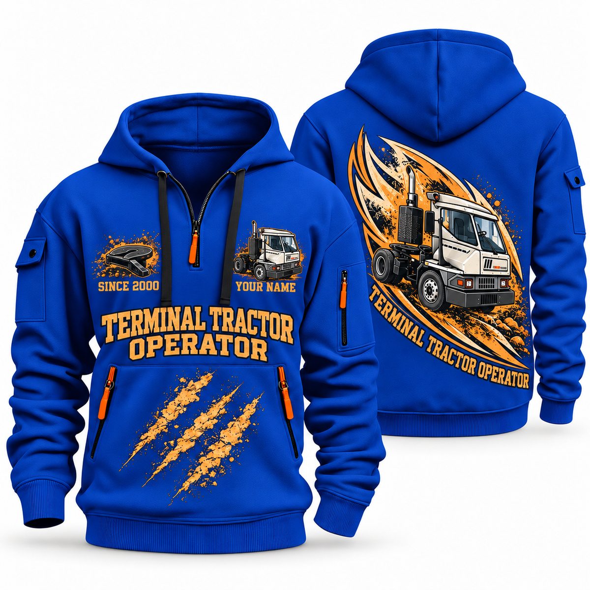 Kalmar Ottawa T2 4x2 Terminal Tractor quarter zip hoodie in Blue, front and back views, sample YOUR NAME and SINCE 2000 artwork