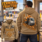 Kalmar Ottawa T2 4x2 Terminal Tractor quarter zip hoodie in Khaki, adult lifestyle portrait showing front and back artwork