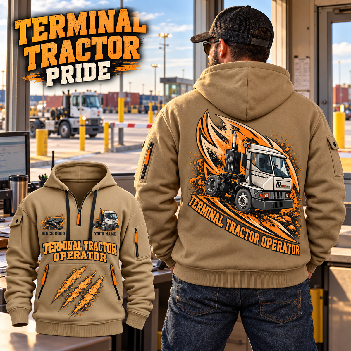 Kalmar Ottawa T2 4x2 Terminal Tractor quarter zip hoodie in Khaki, adult lifestyle portrait showing front and back artwork