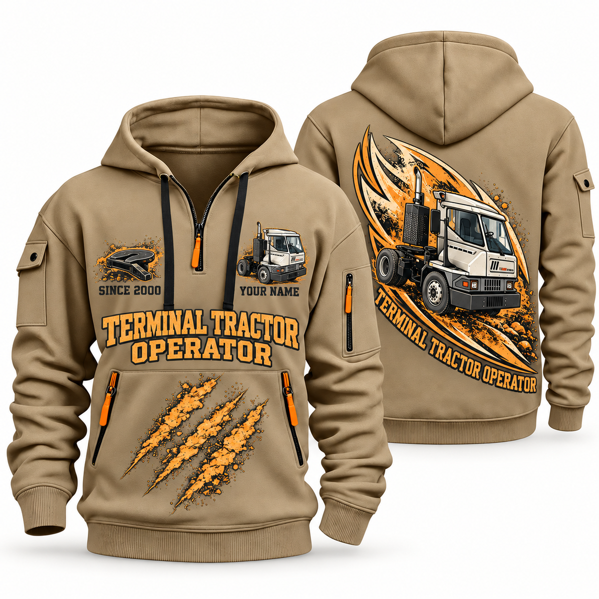 Kalmar Ottawa T2 4x2 Terminal Tractor quarter zip hoodie in Khaki, front and back views, sample YOUR NAME and SINCE 2000 artwork