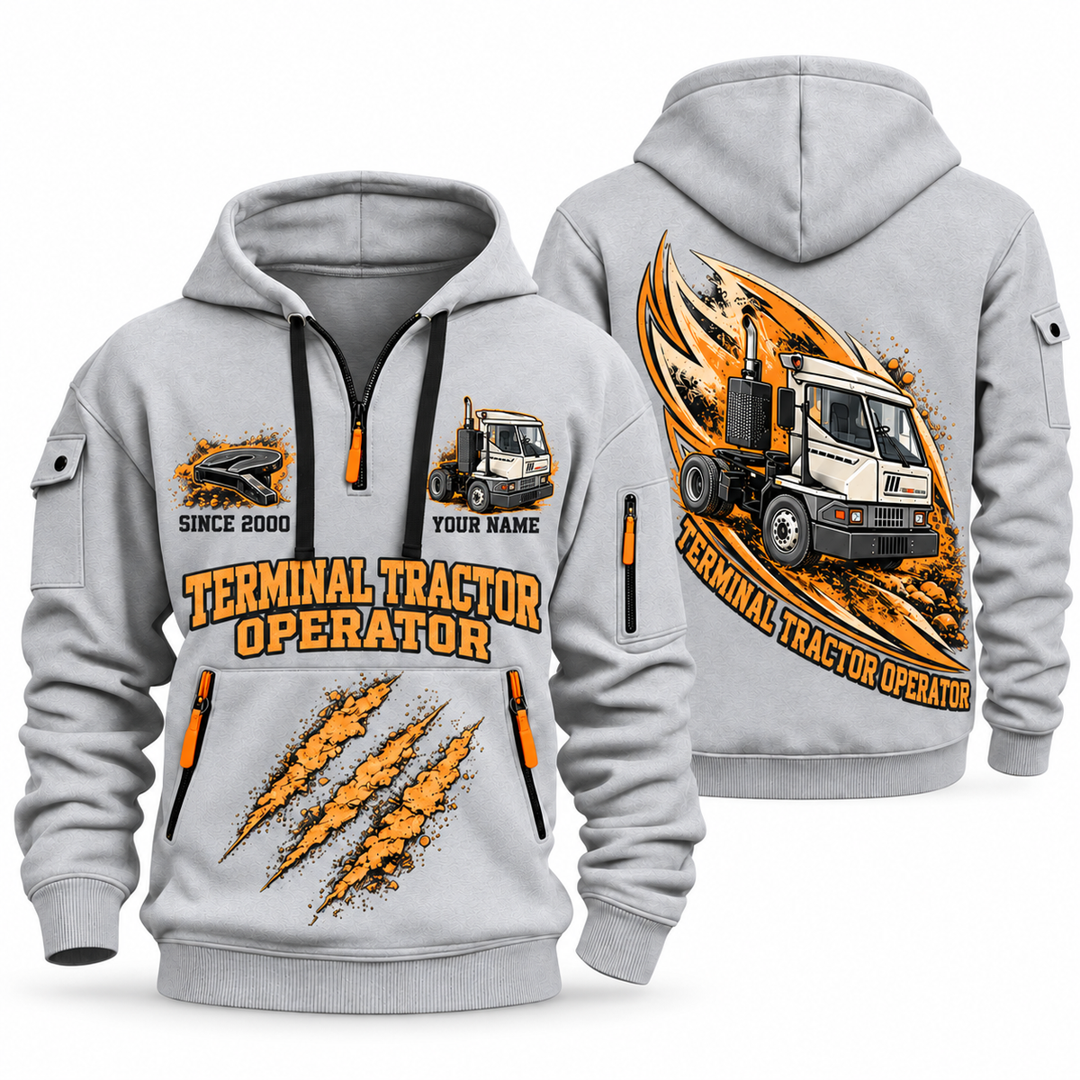 Kalmar Ottawa T2 4x2 Terminal Tractor quarter zip hoodie in Light Grey, front and back views, sample YOUR NAME and SINCE 2000 artwork
