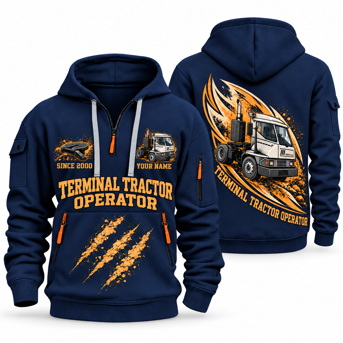 Kalmar Ottawa T2 4x2 Terminal Tractor quarter zip hoodie in Navy, front and back views, sample YOUR NAME and SINCE 2000 artwork