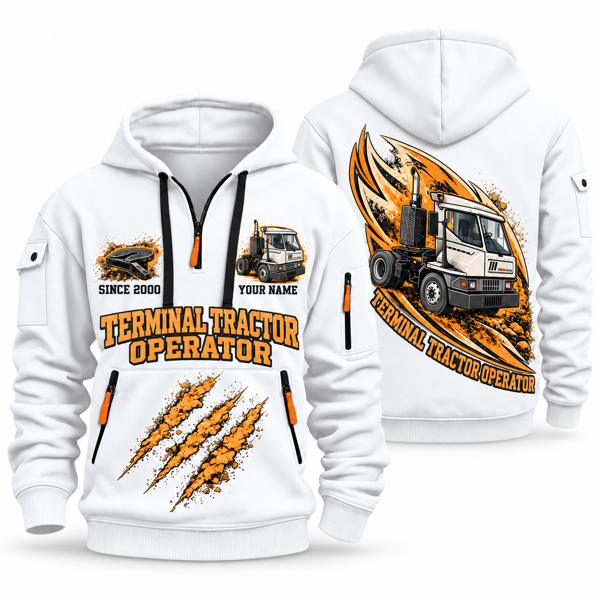 Kalmar Ottawa T2 4x2 Terminal Tractor quarter zip hoodie in White, front and back views, sample YOUR NAME and SINCE 2000 artwork