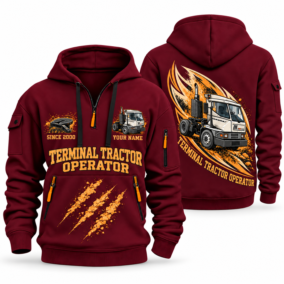 Kalmar Ottawa T2 4x2 Terminal Tractor quarter zip hoodie in Wine Red, front and back views, sample YOUR NAME and SINCE 2000 artwork