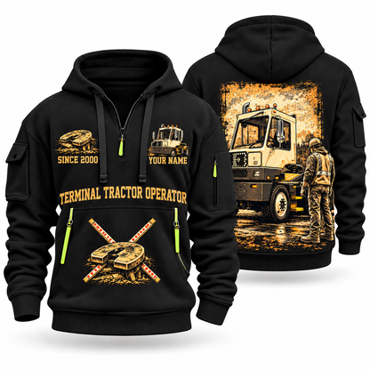 Capacity TJ 5000 Terminal Tractor quarter zip hoodie in Black, front and back views, sample YOUR NAME and SINCE 2000 artwork