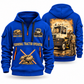 Capacity TJ 5000 Terminal Tractor quarter zip hoodie in Blue, front and back views, sample YOUR NAME and SINCE 2000 artwork