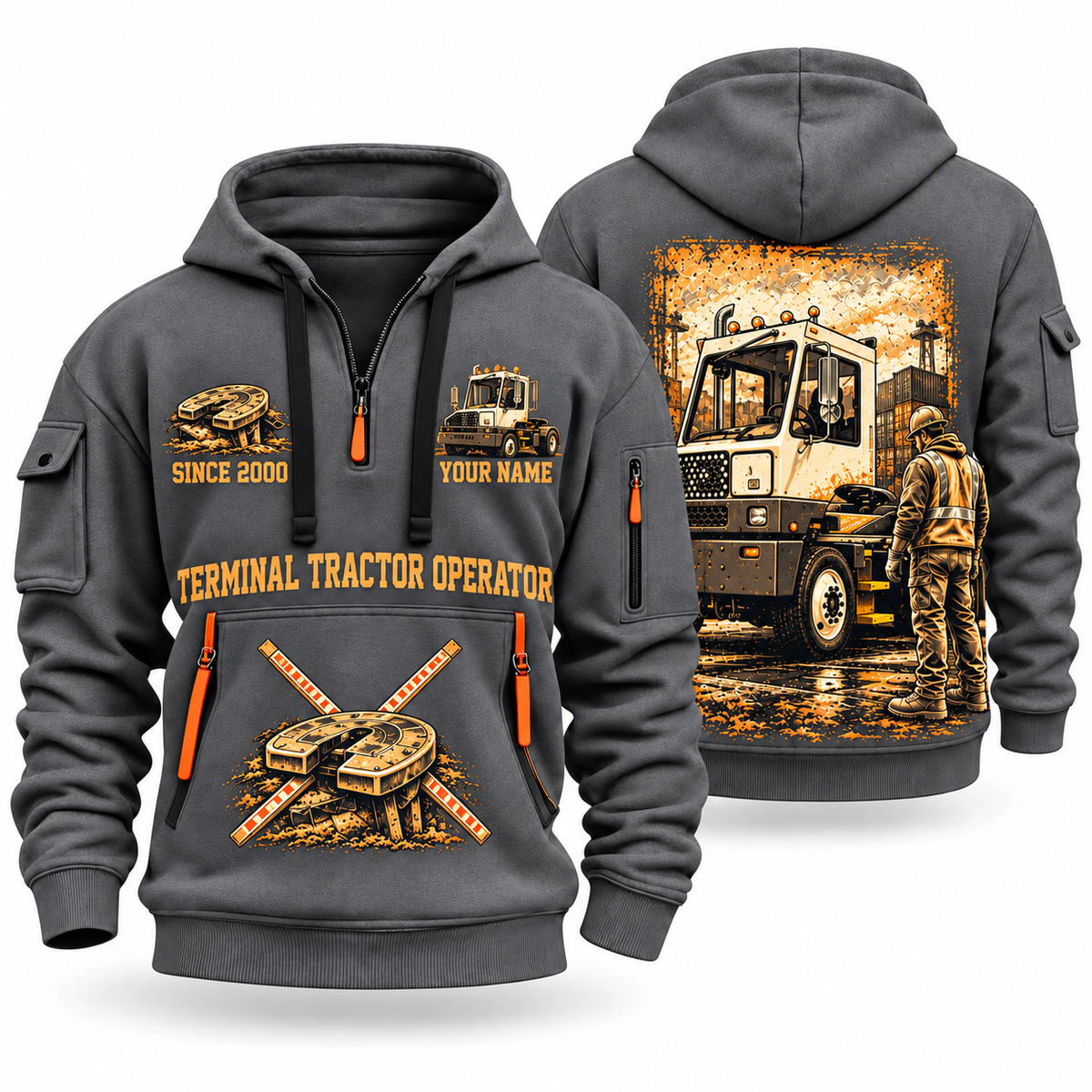 Capacity TJ 5000 Terminal Tractor quarter zip hoodie in Gray, front and back views, sample YOUR NAME and SINCE 2000 artwork