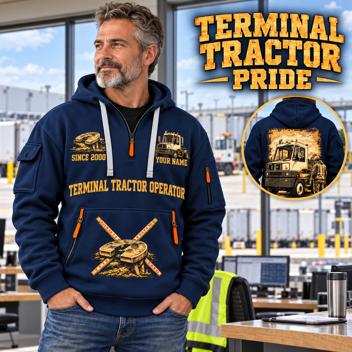 Capacity TJ 5000 Terminal Tractor quarter zip hoodie in Navy, adult lifestyle portrait showing front and back artwork