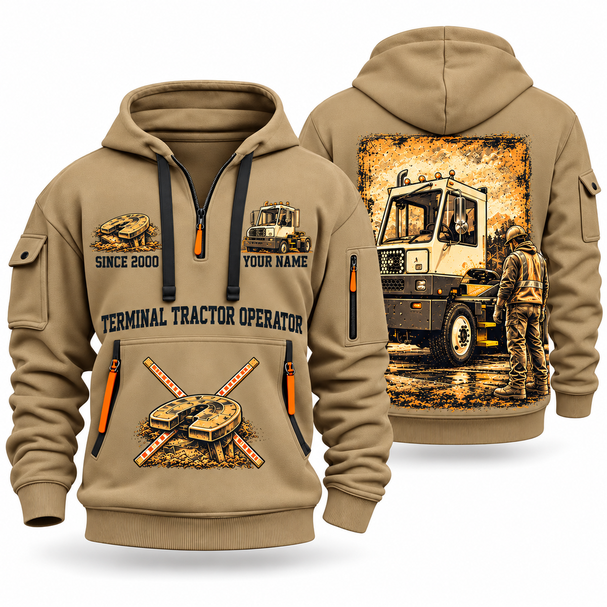 Capacity TJ 5000 Terminal Tractor quarter zip hoodie in Khaki, front and back views, sample YOUR NAME and SINCE 2000 artwork