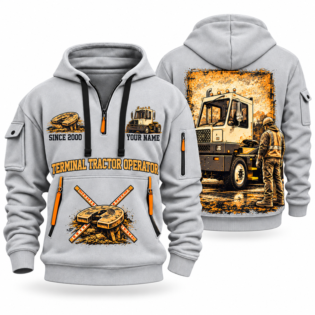 Capacity TJ 5000 Terminal Tractor quarter zip hoodie in Light Grey, front and back views, sample YOUR NAME and SINCE 2000 artwork