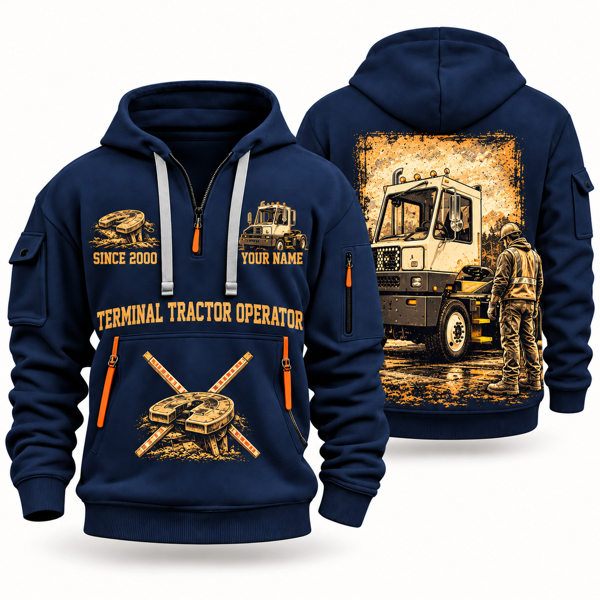 Capacity TJ 5000 Terminal Tractor quarter zip hoodie in Navy, front and back views, sample YOUR NAME and SINCE 2000 artwork